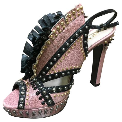 prada black pink patent heel sandals|prada studded pony skin sandals.